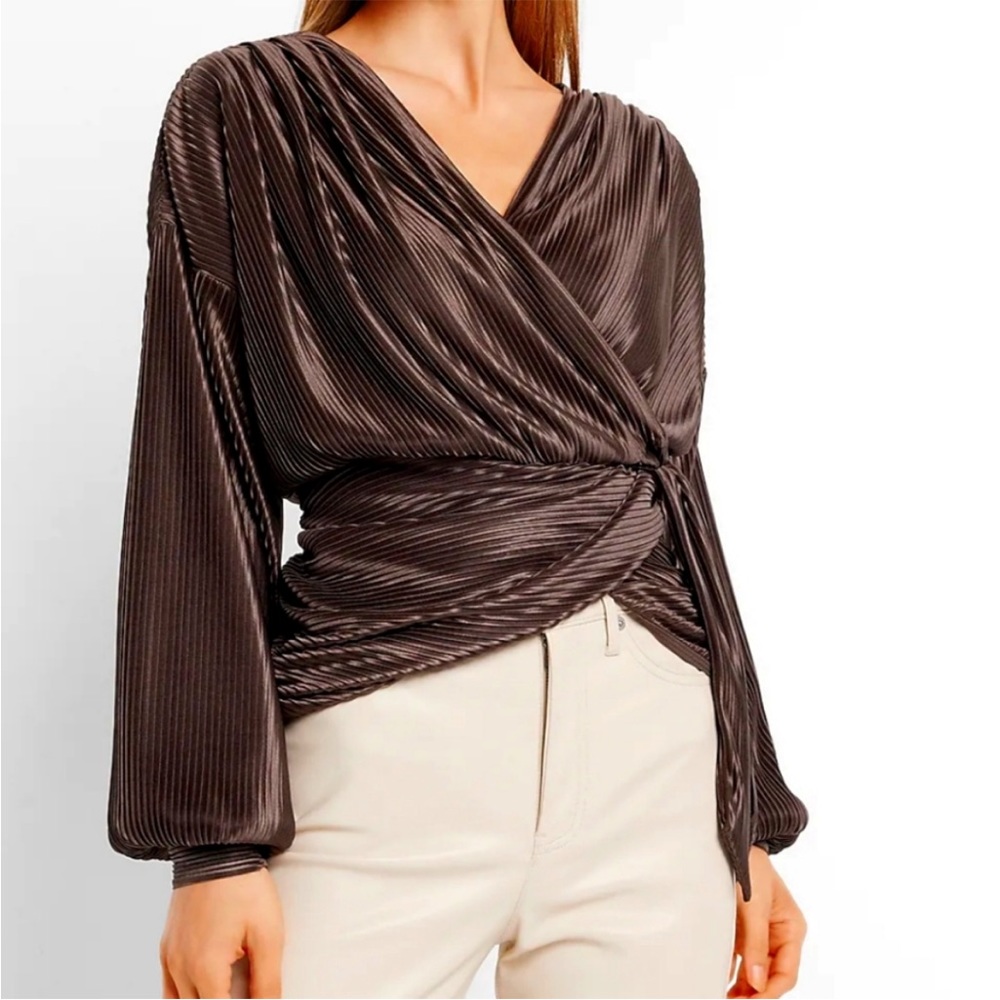 Express Metallic Foil Pleated Wrap Tie Waist Top